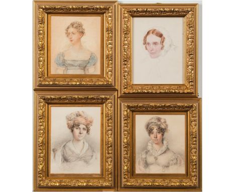 English School early 19th Century-A portrait of a young lady:, bust-length seated, with ringlets and wearing a turbanwatercol