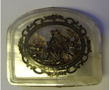 A Victorian mother of pearl and silver mounted purse: inlaid with a cameo of young lovers, 7.5cm. wide. 