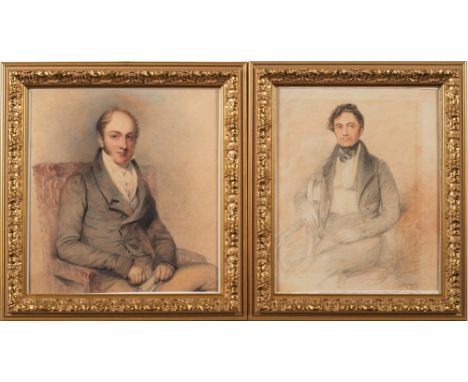 Thomas Charles Wageman -1787-1863]-A portrait of a young gentleman:, three-quarter length seated, wearing a grey high-collare