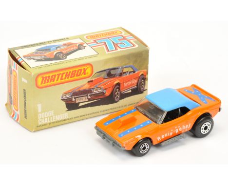 Matchbox Superfast 1d Dodge Challenger "Revin Rebel" - Orange body with blue hood, black interior, white and blue tampo print
