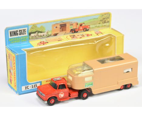 Matchbox Kingsize K18 Dodge Kew Fargo Articulated Horse Transporter - red tractor unit with blue windows, tan trailer with si