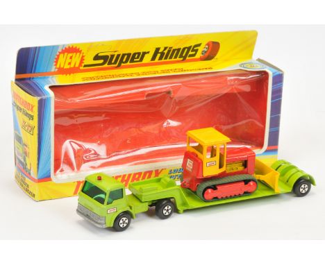 Matchbox Super Kings K17 Ford D-Series Articulated Truck & Low Loader Trailer with Case Bulldozer load - lime green tractor u