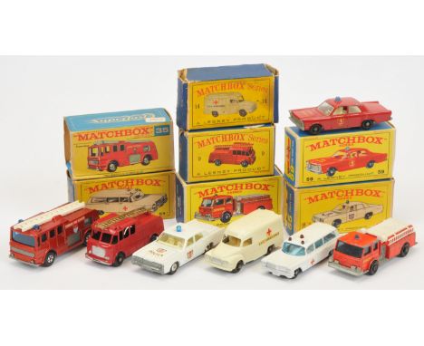 Matchbox Regular Wheels, a mixed boxed group of Emergency Service vehicles and similar to include, 35c Merriweather Fire Engi