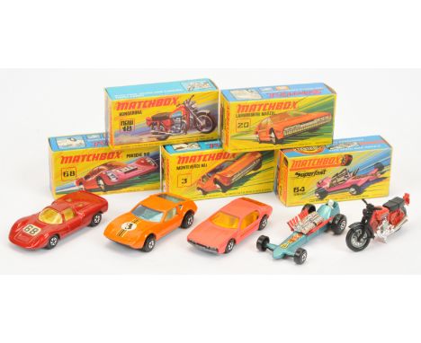 Matchbox Superfast, a mixed boxed group of Race Cars to include (1) 3b Monteverdi Hai - orange body with racing number 3 hood