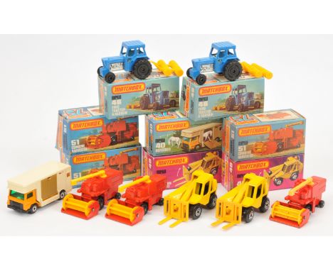 Matchbox Superfast Group of Mostly Farm Vehicles. Including 2 x 46c Ford Tractor - blue body, pale yellow interior; 3 x 51c C
