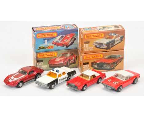 Matchbox Superfast group of mid 1970's to early 1980's issue American vehicles. (1)1c Dodge Challenger - red body, white roof