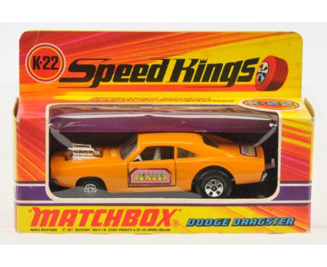 Matchbox Speed Kings K22 Dodge Charger Dragster - light orange body with "Bender" door &amp; trunk labels, clear windows, whi