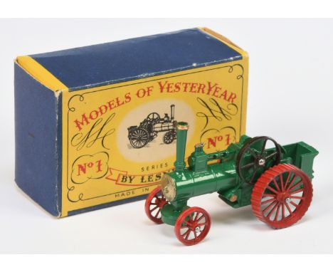 Matchbox Models of Yesteryear, Y1 1925 Allchin Traction Engine - Mid green body and chassis, bright red wheels, angled bright