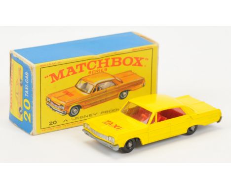 Matchbox Regular Wheels 20c Chevrolet Impala Taxi - Stannard Code 13 - yellow body with light orange background hood label, r