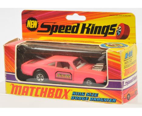 Matchbox Speed Kings K22 Dodge Charger Dragster - dayglo pink body with "Bender" door &amp; trunk labels, clear windows, whit