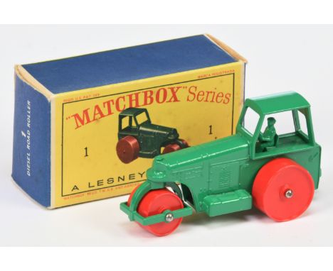 Matchbox Regular Wheels 1d Aveling Barford Diesel Road Roller Stannard Code 2 - green body, type B base with hole, red plasti