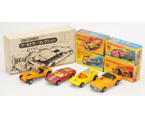 Matchbox Superfast Japanese Gift Set Number 3 comprising (1) 1b Mod Rod - lemon yellow body with Wild Cat hood label, dark am
