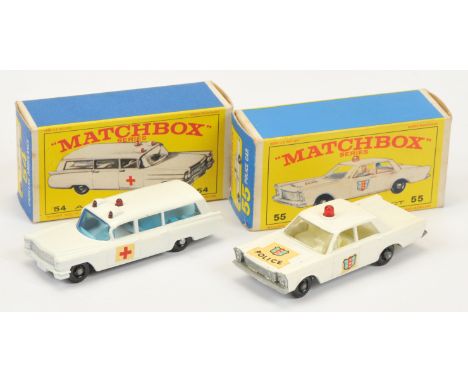 Matchbox Regular Wheels Emergency pair (1) 54b Cadillac Ambulance - white body with silver trim &amp; red cross door decals, 