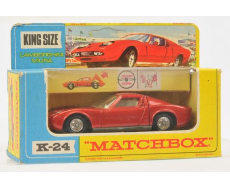 Matchbox Kingsize K24 Lamborghini Miura - metallic red body, ivory interior, clear windows, black plastic engine cover, chrom