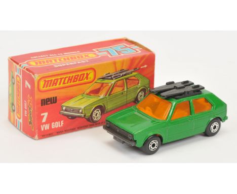 Matchbox Superfast 7c Volkswagen Golf - metallic lime green body, dark amber windows, dark yellow interior, matt black base, 