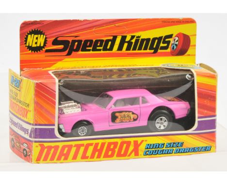 Matchbox Speed Kings K21 Mercury Cougar Dragster- hot pink body with "Dinamite" door &amp; trunk labels, clear windows, white