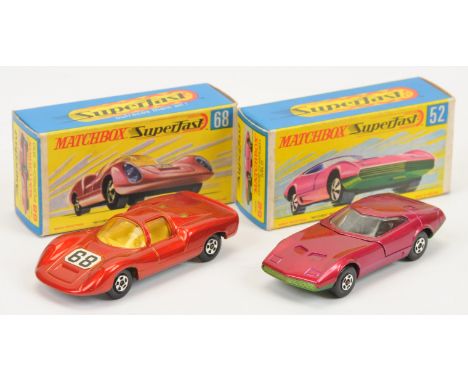 Matchbox Superfast pair of early 1970's issue Cars. (1) 52a Dodge Charger - purple body, black interior, metallic green base,