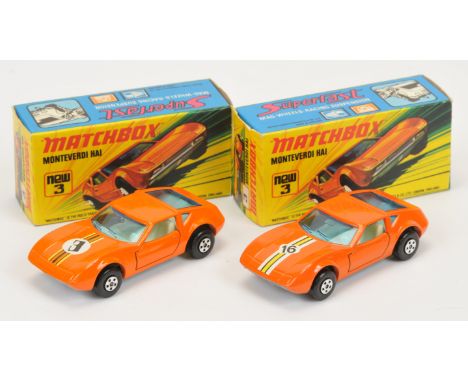 Matchbox Superfast 3b Monteverdi Hai pair (1) orange body with racing number 3 hood label, light blue windows, ivory interior