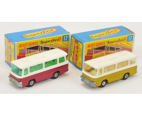 Matchbox Superfast 12b Setra Coach pair - lemon yellow body with thick rear bumper casting, white roof, clear windows, ivory 