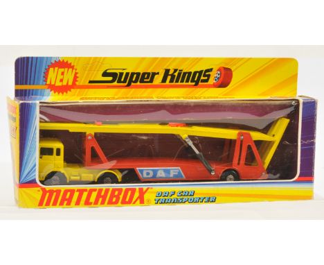 Matchbox Super Kings K11 DAF Articulated Car Transporter - lemon yellow tractor unit with clear windows, ivory interior, meta