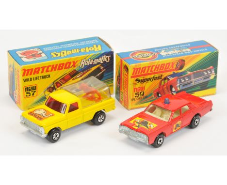 Matchbox Superfast, a mixed boxed pair to include (1) 57c Ford Wildlife Truck - lemon body, red windows, burnt sienna Lion (2