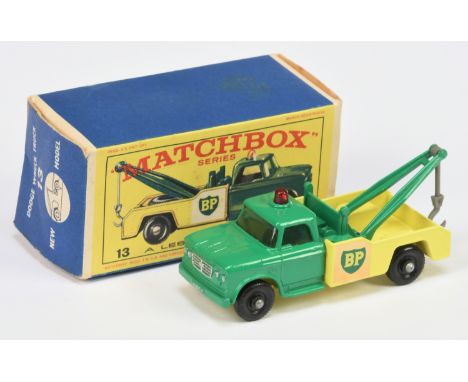 Matchbox Regular Wheels 13d Dodge BP Wreck Truck - Stannard Code 1 - dark green cab with silver trim to grille, headlamps &am