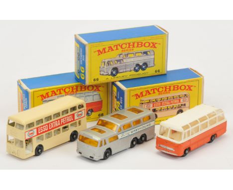 Matchbox Regular Wheels Bus &amp; Coach group (1) 66c Greyhound Bus - silver, amber windows, sloping decals (2)&nbsp; 68b Mer