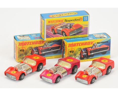 Matchbox Superfast 19b Road Dragster group - (1) light red body, vertical racing number 8 labels, clear windows, ivory interi