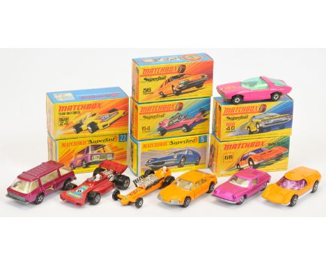 Matchbox Superfast, a mixed boxed group to include, 64b Slingshot Dragster, 40a Vauxhall Guildsman, 5a Lotus Europa and other