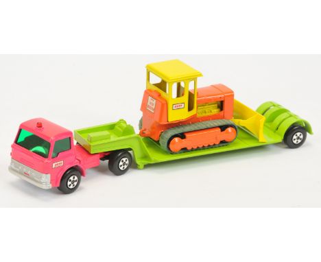 Matchbox Super Kings K17 Ford D-Series Articulated Low Loader with Case Bulldozer load - unusual dayglo red tractor unit with