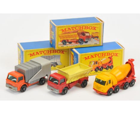 Matchbox Regular Wheels group of late 1960s Commercial Vehicles. (1) 7c Ford D800 Refuse Truck - orange cab with silver type 