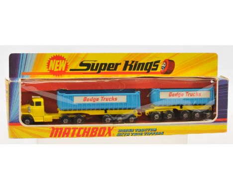 Matchbox Super Kings K16 Dodge Tractor Unit with Twin Tipper Trailers - lemon yellow tractor unit &amp; trailer chassis, mid-