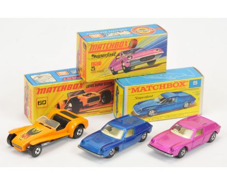 Matchbox Superfast group of early 1970's issue Cars. (1) 5a Lotus Europa - blue, low arches 5 spoke narrow wheels (2) similar