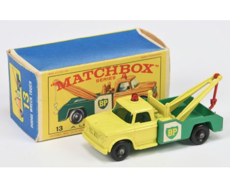 Matchbox Regular Wheels 13d Dodge BP Wreck Truck - lemon cab, green body, green tinted windows, red roof light, BP labels, re