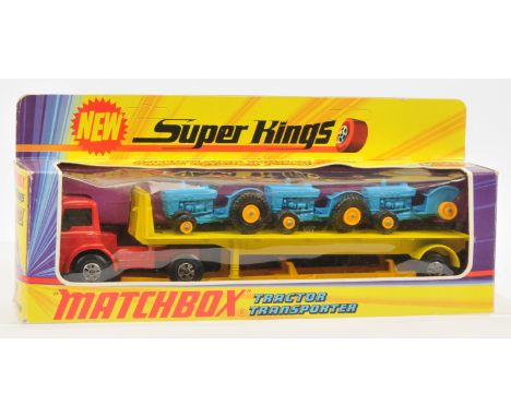 Matchbox Super Kings K20 Ford D-Series Articulated Tractor Transporter - bright red tractor unit with red roof light, dark gr