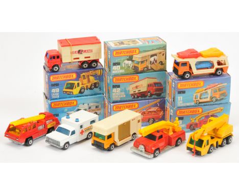 Matchbox Superfast group of mostly Commercial Vehicles. (1) 11c Bedford Car Transporter; (2) 13c Snorkel Fire Engine with bar