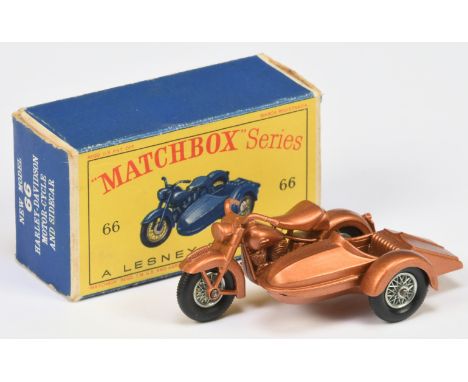 Matchbox Regular Wheels 66b Harley Davidson Motorcycle & Sidecar - Stannard Code 1 - metallic copper body & base, wire wheels