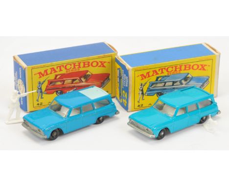 Matchbox Regular Wheels 42b Studebaker Lark Station Wagon pair (1) Stannard Code 2 - dark blue body and roof slide with cast 