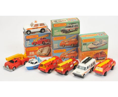 Matchbox Superfast, a boxed Emergency Service group to include, (1) 13c Snorkel Fire Engine - Red body, yellow ladders (2) 20