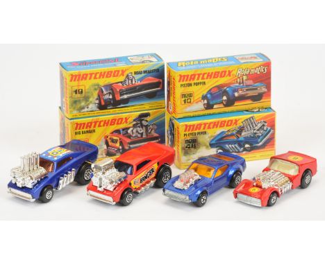 Matchbox Superfast group (1) 10b Ford Mustang Piston Popper - blue, amber windows, bare metal base; (2) 19b Road Dragster - r