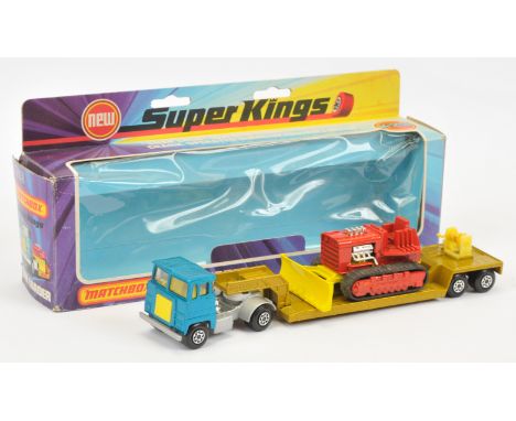 Matchbox Super Kings K23 Scammell Crusader Articulated Low Loader with Bulldozer load - metallic kingfisher blue cab, clear w