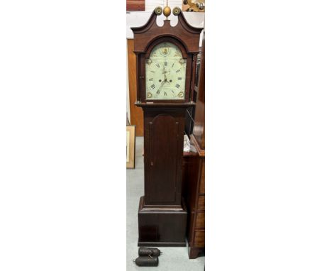 AN EIGHT-DAY LONGCASE CLOCK, oak, with a brass dial, marked 'W Goodwin, Tetbury' face painted with ships and foliate detail, 