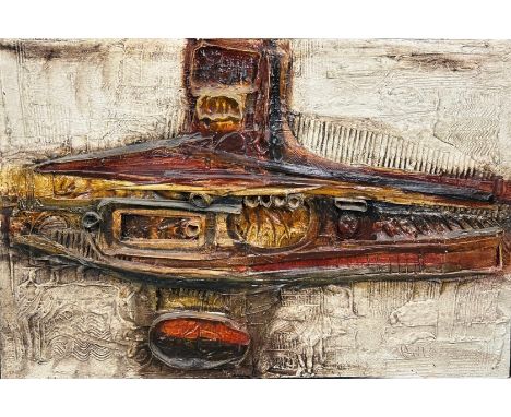 A MID CENTURY ABSTRACT BRUTALIST STYLE MIXED MEDIA ARTWORK, on board, signed 'Charle' (lower right), 93.5 x 63.5cm 