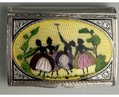 AN ENGINE TURNED SILVER SNUFF BOX WITH ENAMEL LID DECORATED WITH LADIES DANCING, Weight 154gms 