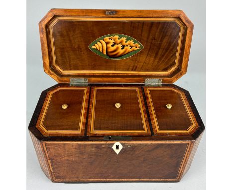 A SHERATON DESIGN TEA CADDY WITH MARQUETRY INLAID SHELL TO TOP AND INTERIOR, The lid rising to reveal three inner compartment