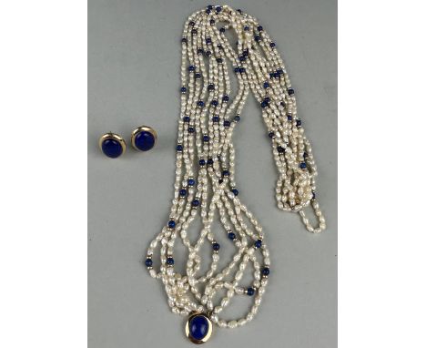 A LAPIS LAZULI AND CULTURED PEARL NECKLACE IN 14CT GOLD,Lapis centrepiece, along with a pair of lapis lazuli and 14ct gold ea
