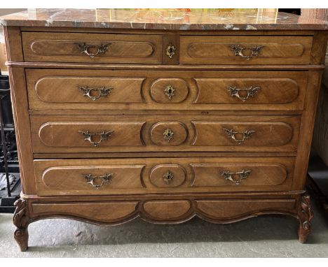 A 19TH CENTURY FRENCH PROVINCIAL BLEACHED OAK COMMODE WITH PINK VARIEGATED MARBLE TOP, Two short, over three long drawers wit