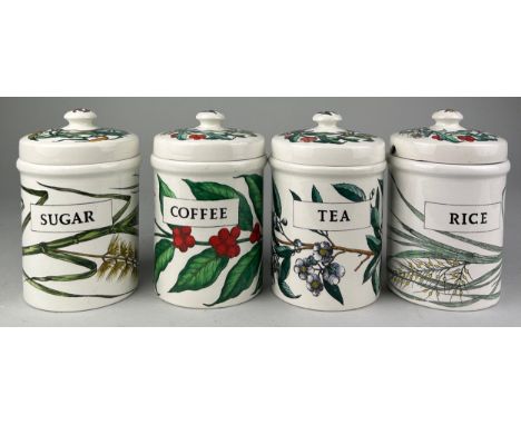 A SET OF FOUR CERAMIC FORNASETTI JARS, Each 18cm x 11cm For coffee, rice, sugar and tea (one damaged) 