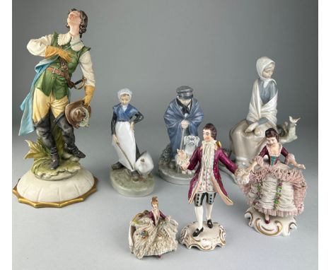 A COLLECTION OF EIGHT CERAMIC FIGURES, One marked 'Genoa', another Lladro, Royal Copenhagen, Capidimonte, Dresden 