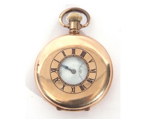 Gents first/second quarter of 20th century gold plated presentation half-hunter pocket watch, the outer case with blue Roman 